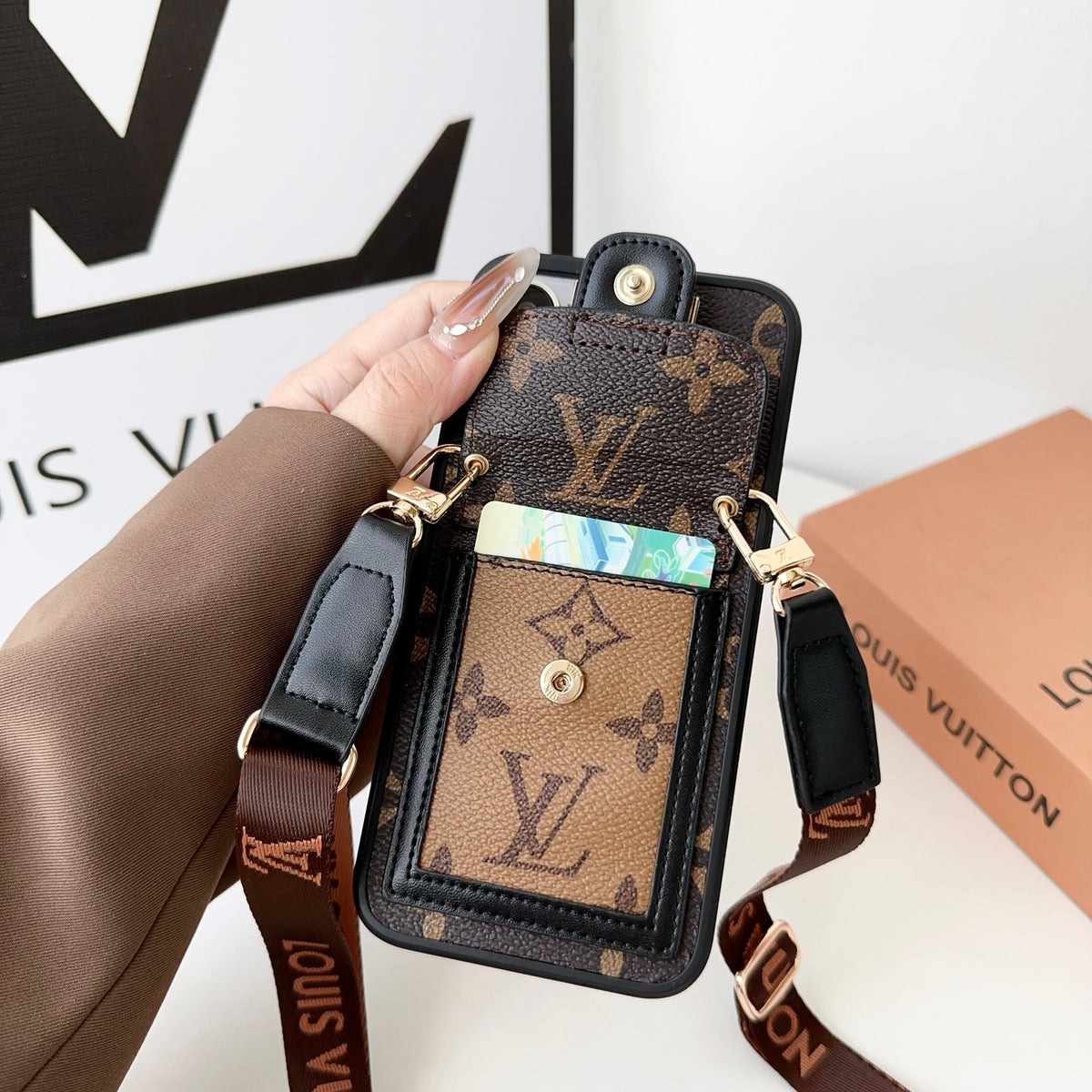 Luxury DAUPHINE LEATHER MONOGRAM CROSSBODY IPHONE CASE 12-18 Pro & Pro Max