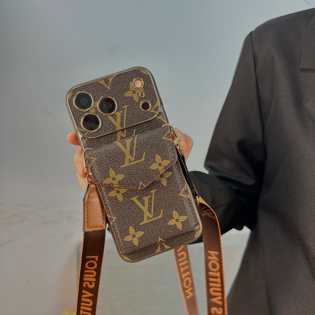 Leather Monogram Case with Wallet and Crossbody Strap For iPhone 12-18 Pro & Pro Max