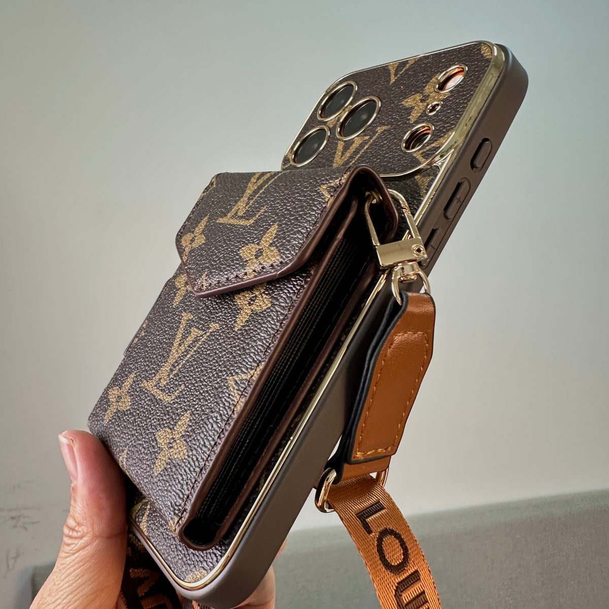Leather Monogram Case with Wallet and Crossbody Strap For iPhone 12-18 Pro & Pro Max