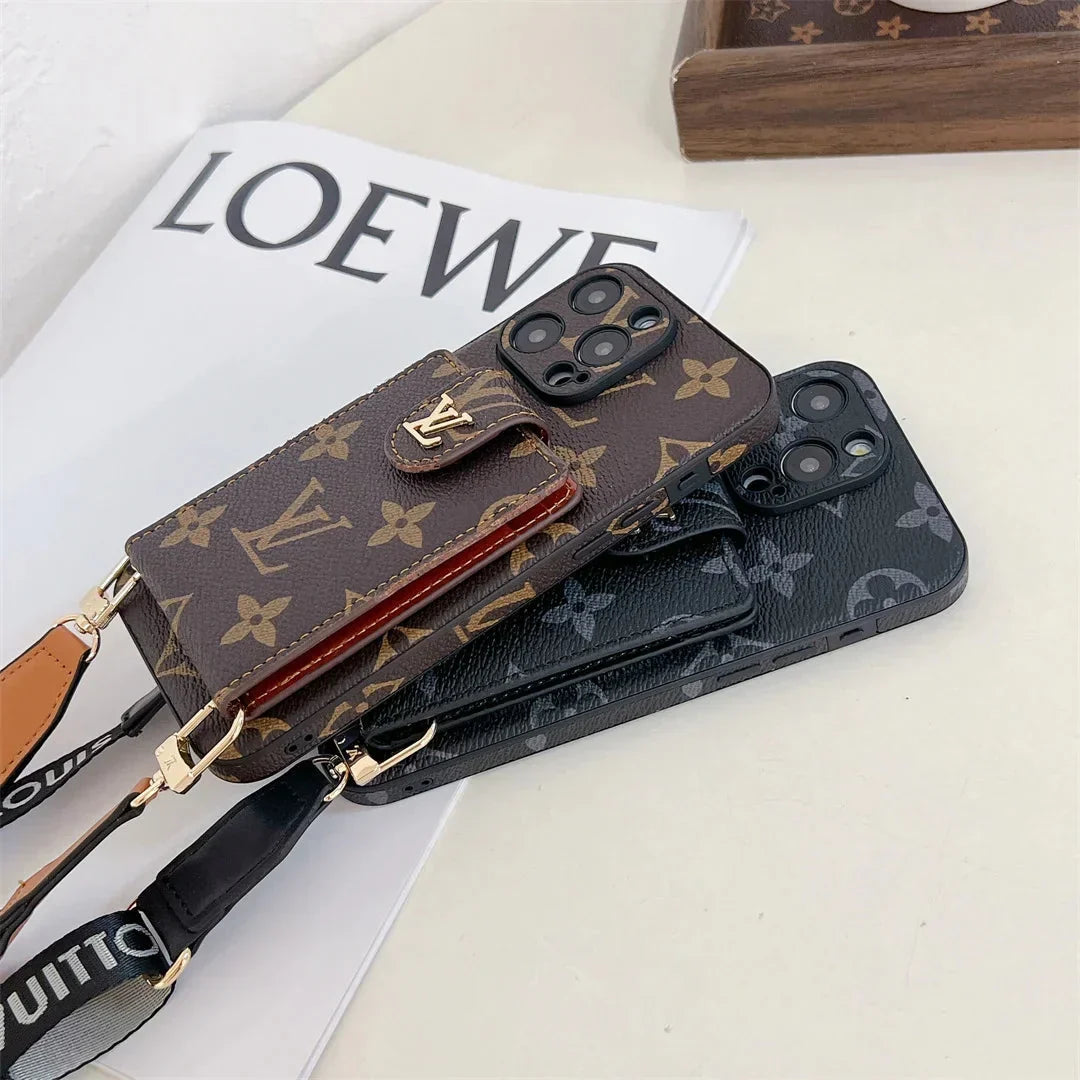 Monogram Canvas Leather Button Card Holder Crossbody iPhone Case 12-18 Pro & Pro Max