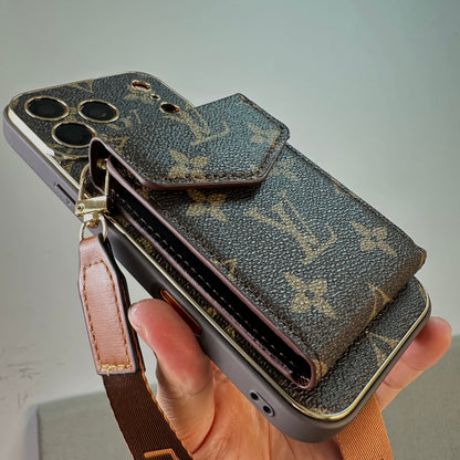 Leather Monogram Case with Wallet and Crossbody Strap For iPhone 12-18 Pro & Pro Max