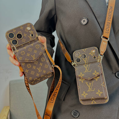 Leather Monogram Case with Wallet and Crossbody Strap For iPhone 12-18 Pro & Pro Max