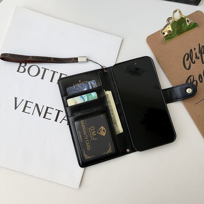 Premium Genuine Leather Monogram Canvas Wallet Card Holder for iPhone 14-18 Pro & Pro Max