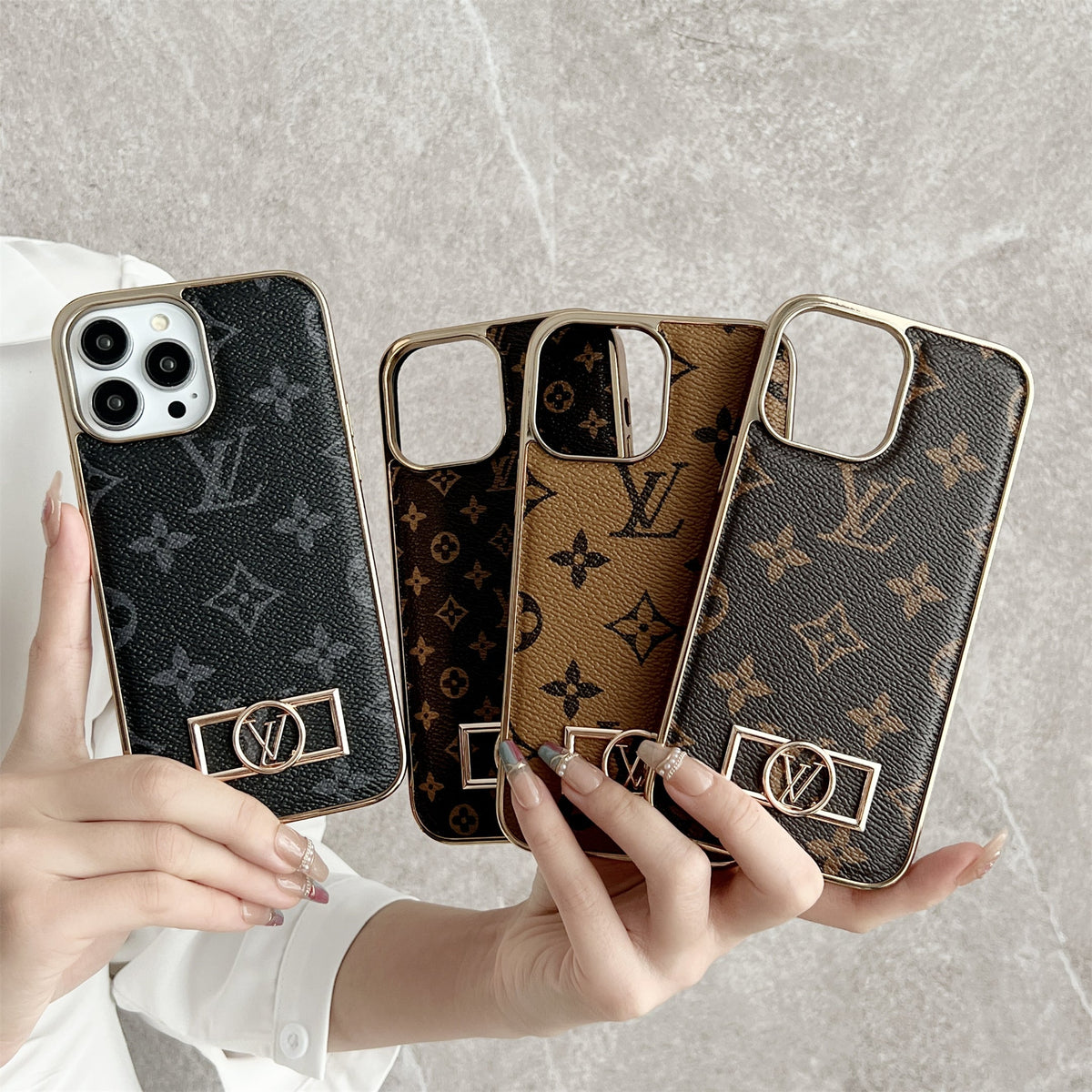 MONOGRAM CANVAS LEATHER PREMIUM ELECTROPLATING FOR IPHONE 13-18 Pro & Pro Max