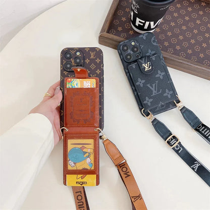 Monogram Canvas Leather Button Card Holder Crossbody iPhone Case 12-18 Pro & Pro Max