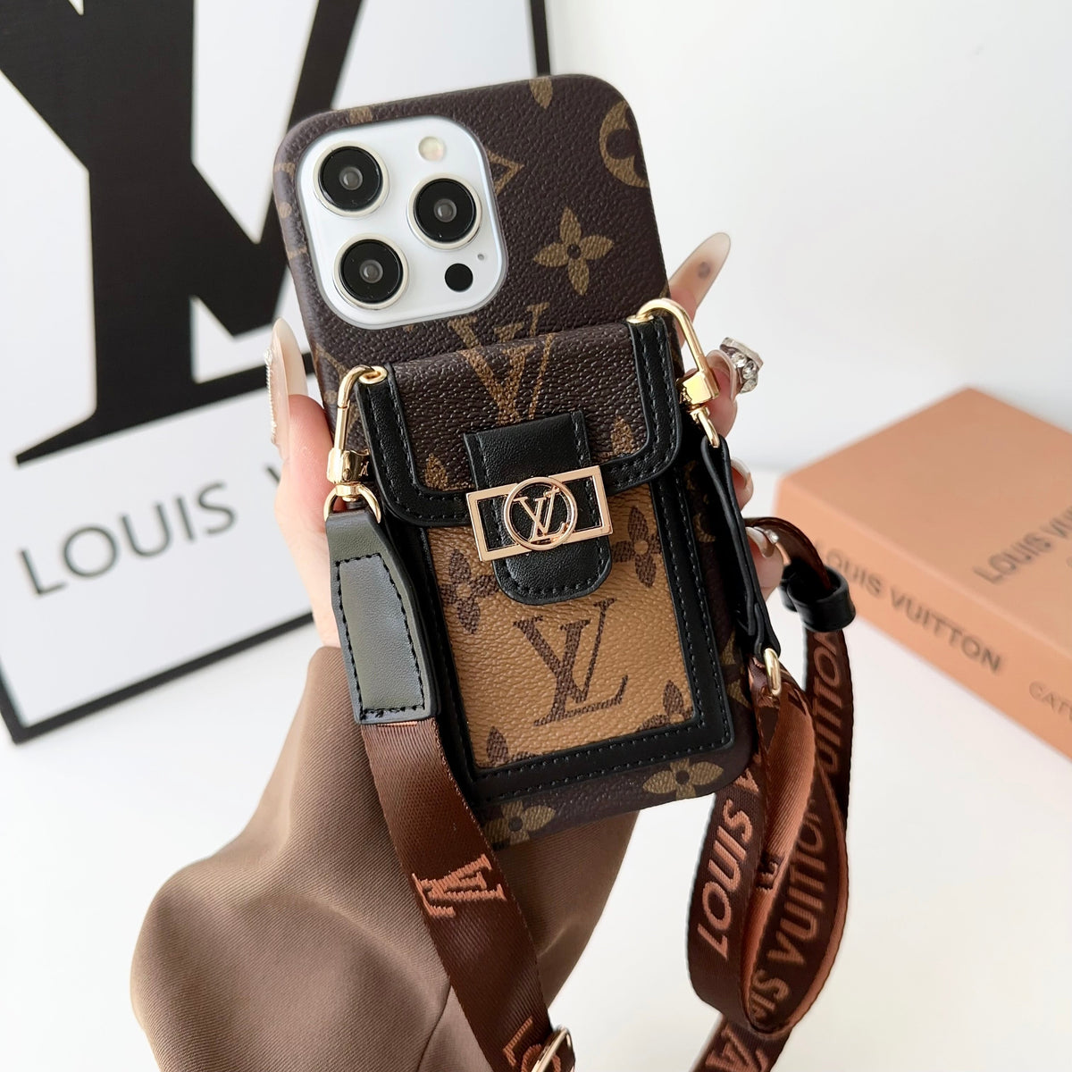 Luxury DAUPHINE LEATHER MONOGRAM CROSSBODY IPHONE CASE 12-18 Pro & Pro Max