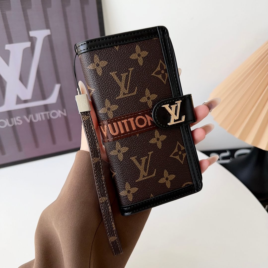 Premium Genuine Leather Monogram Canvas Wallet Card Holder for iPhone 14-18 Pro & Pro Max