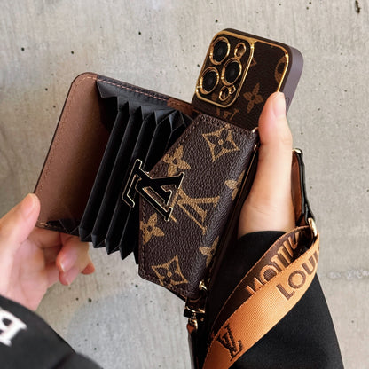 Leather Monogram Case with Wallet and Crossbody Strap For iPhone 12-18 Pro & Pro Max