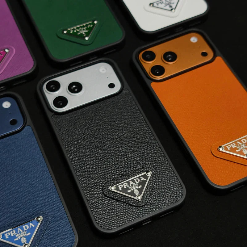Premium Saffiano Leather Triangle Logo Case - iPhone 12-18 Pro & Pro Max