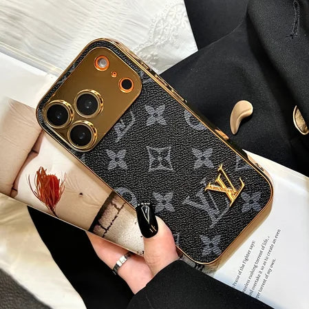 Elite Monogram Leather-Texture iPhone Case with Gold Accents