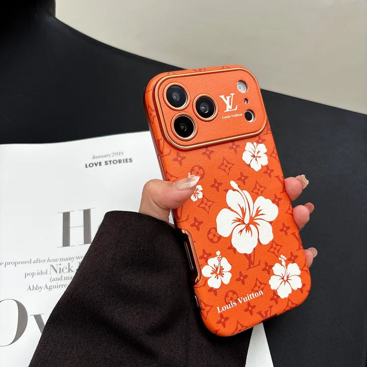Orange LV Case with Beautiful Floral Patterns for iPhone 12-18 Pro & Pro Max