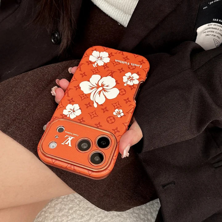Orange LV Case with Beautiful Floral Patterns for iPhone 12-18 Pro & Pro Max