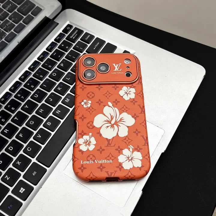 Orange LV Case with Beautiful Floral Patterns for iPhone 12-18 Pro & Pro Max