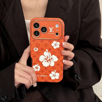 Orange LV Case with Beautiful Floral Patterns for iPhone 12-18 Pro & Pro Max
