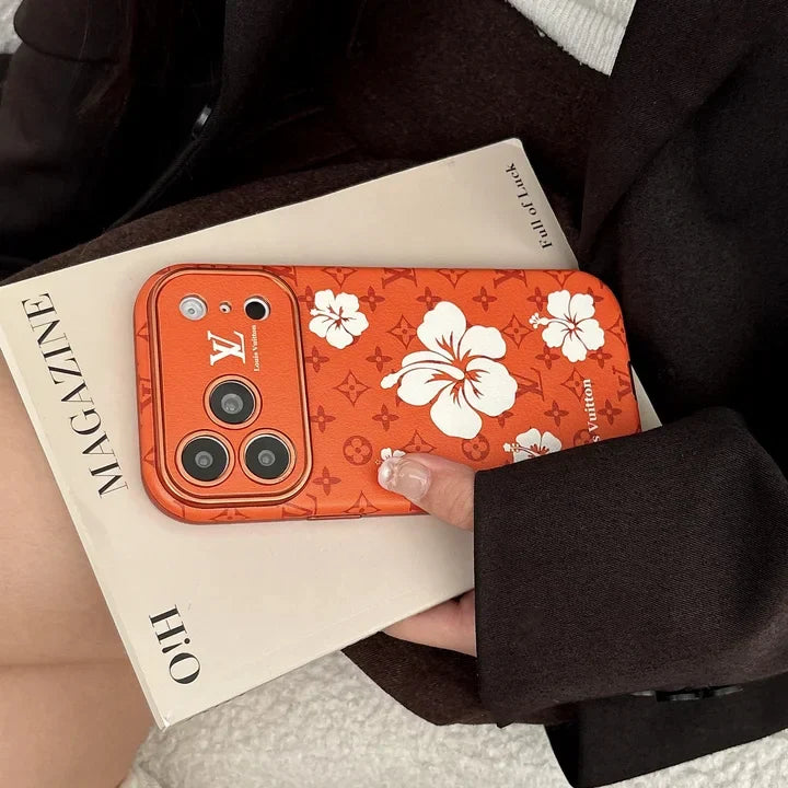 Orange LV Case with Beautiful Floral Patterns for iPhone 12-18 Pro & Pro Max