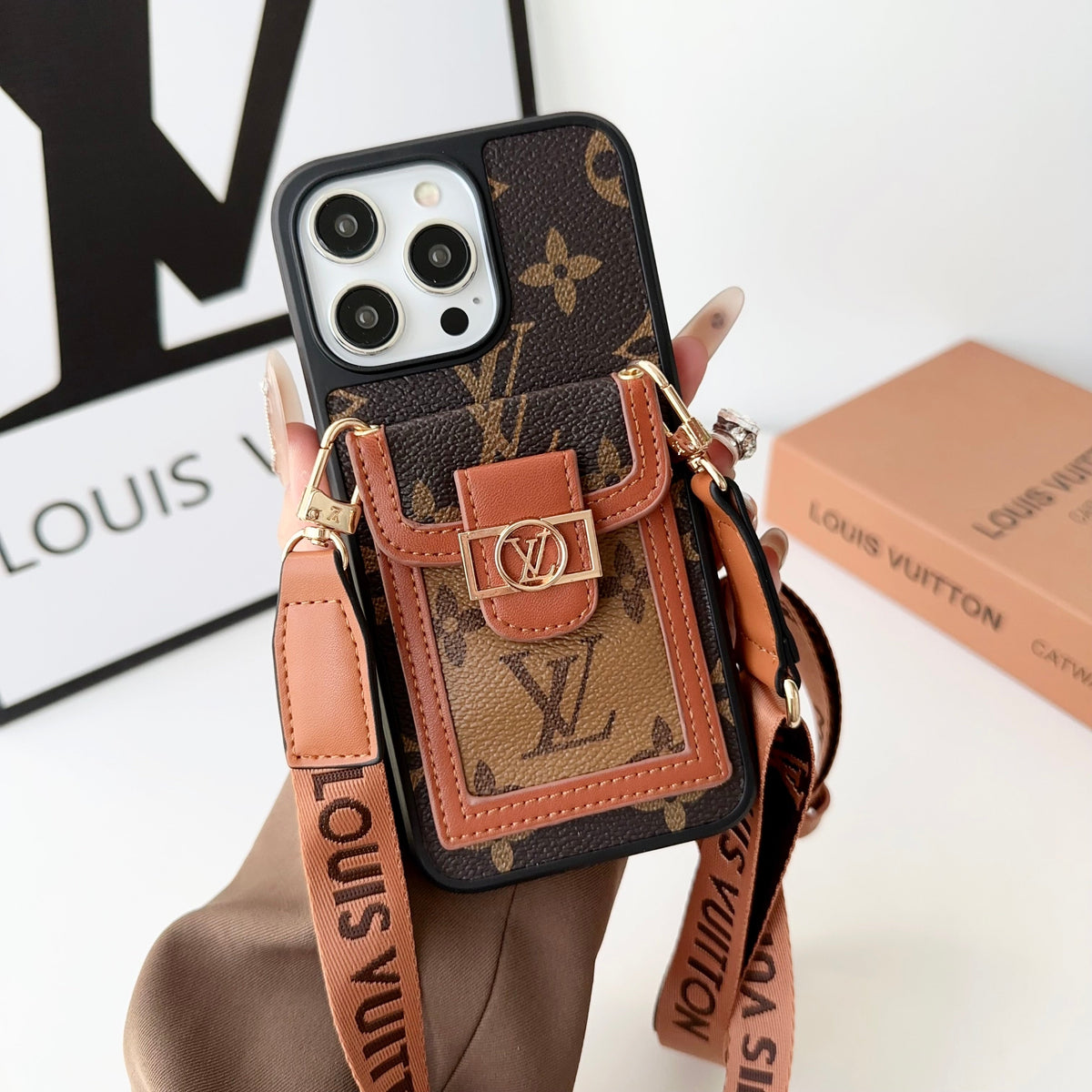 Luxury DAUPHINE LEATHER MONOGRAM CROSSBODY IPHONE CASE 12-18 Pro & Pro Max