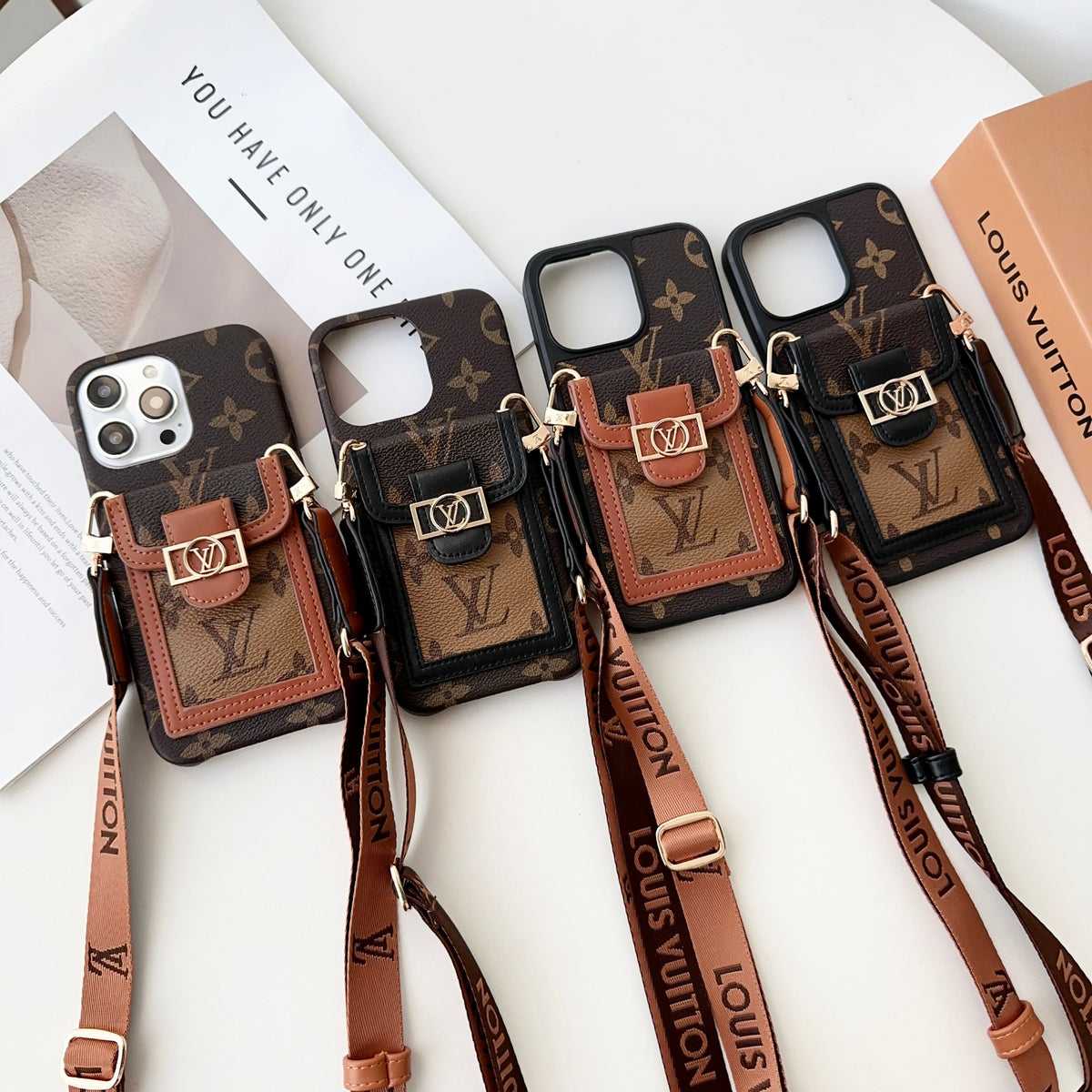 Luxury DAUPHINE LEATHER MONOGRAM CROSSBODY IPHONE CASE 12-18 Pro & Pro Max