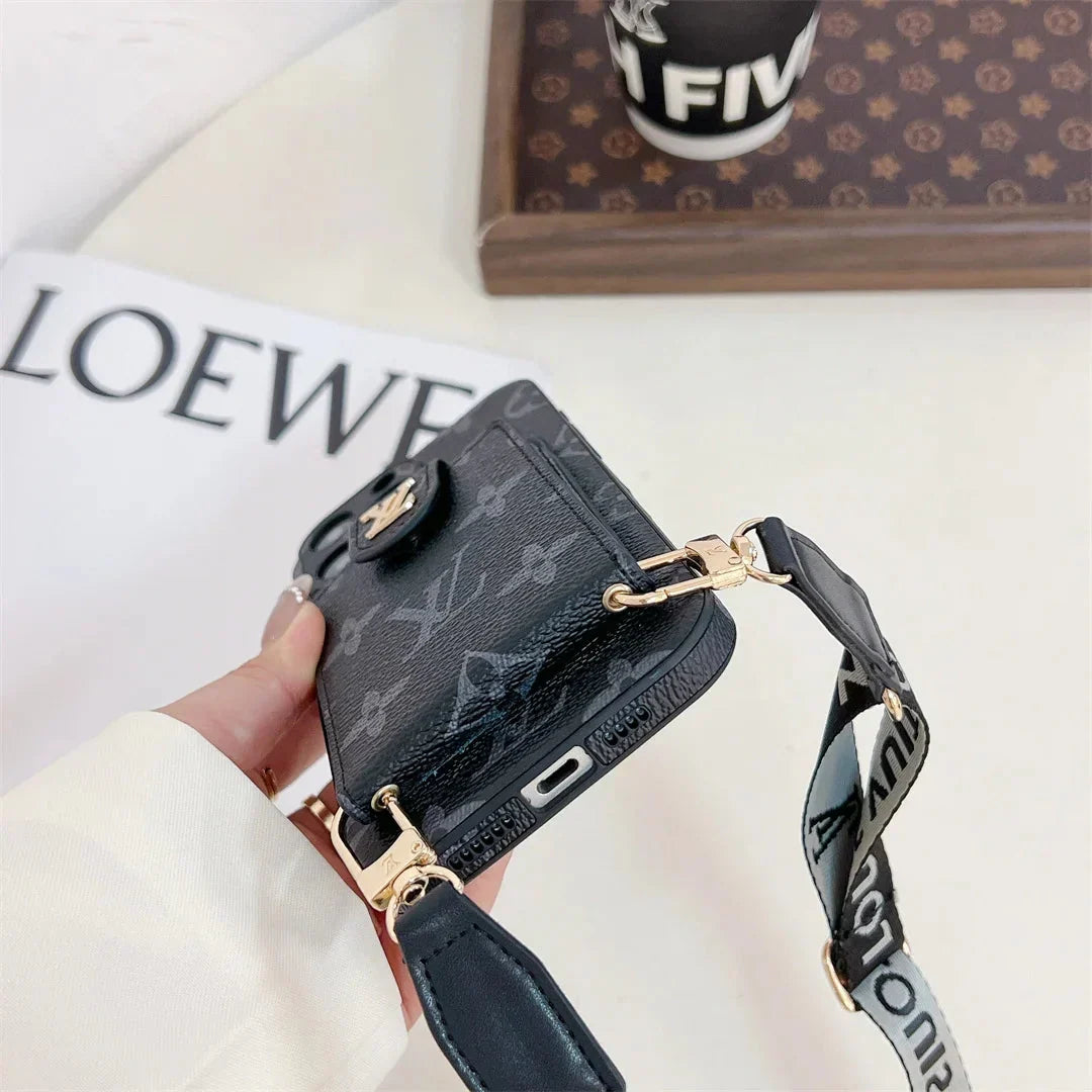 Monogram Canvas Leather Button Card Holder Crossbody iPhone Case 12-18 Pro & Pro Max