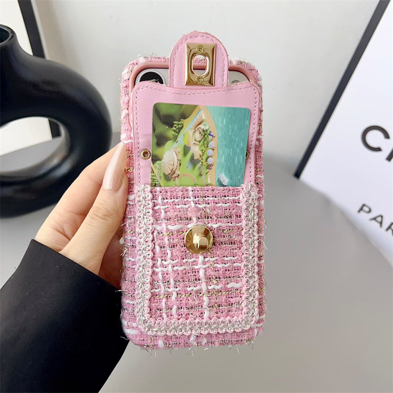 Luxury Tweed Designer iPhone Case with Scarf Chain for iPhone 13-18 Pro & Pro Max