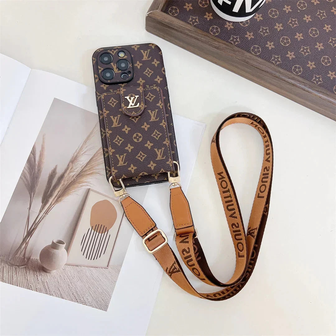 Monogram Canvas Leather Button Card Holder Crossbody iPhone Case 12-18 Pro & Pro Max
