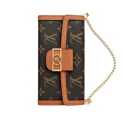 Luxury Leather Monogram iPhone Case With Flip Wallet And Crossbody Strap for iPhone 12-18 Pro & Pro Max