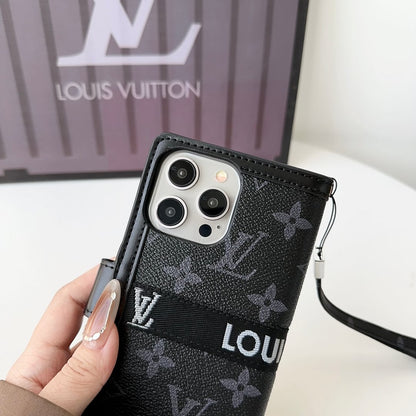 Premium Genuine Leather Monogram Canvas Wallet Card Holder for iPhone 14-18 Pro & Pro Max