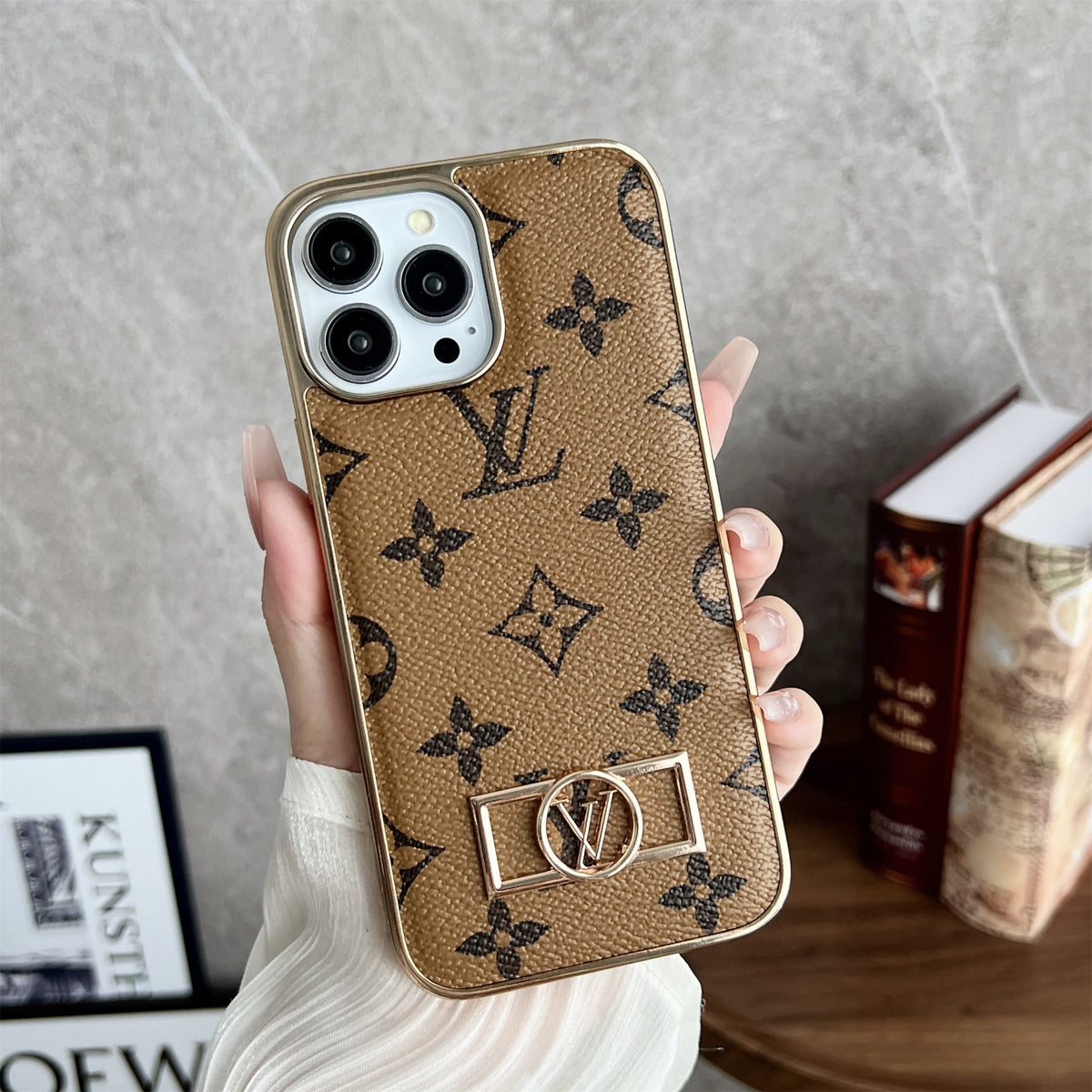 MONOGRAM CANVAS LEATHER PREMIUM ELECTROPLATING FOR IPHONE 13-18 Pro & Pro Max