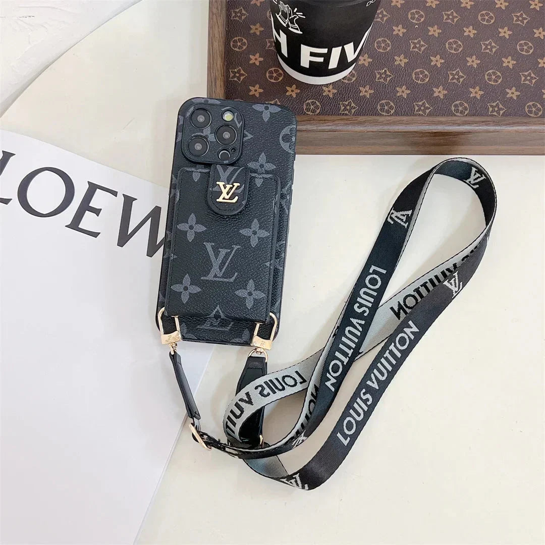 Monogram Canvas Leather Button Card Holder Crossbody iPhone Case 12-18 Pro & Pro Max