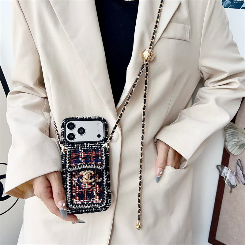Luxury Tweed Designer iPhone Case with Scarf Chain for iPhone 13-18 Pro & Pro Max