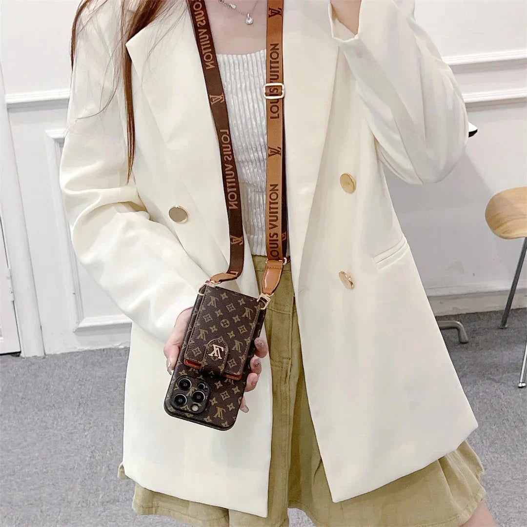 Monogram Canvas Leather Button Card Holder Crossbody iPhone Case 12-18 Pro & Pro Max