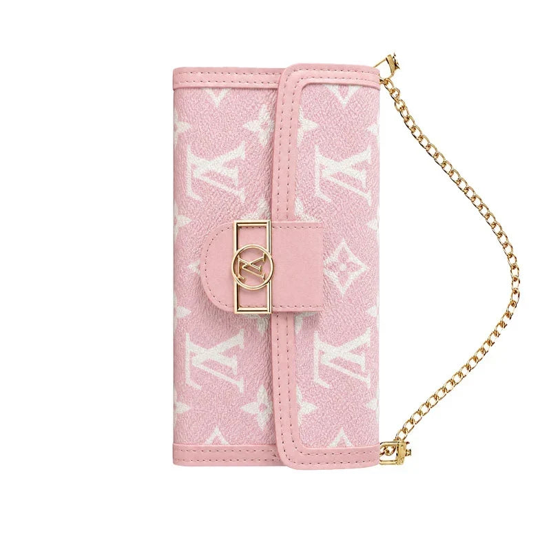 Luxury Leather Monogram iPhone Case With Flip Wallet And Crossbody Strap for iPhone 12-18 Pro & Pro Max