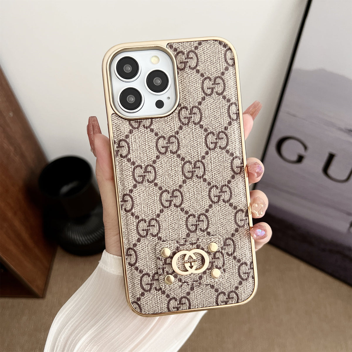 MONOGRAM LEATHER HARD BACK CASE FOR IPHONE 14-18 Pro & Pro Max
