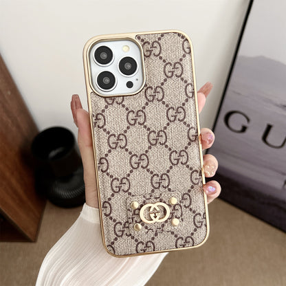MONOGRAM LEATHER HARD BACK CASE FOR IPHONE 14-18 Pro & Pro Max