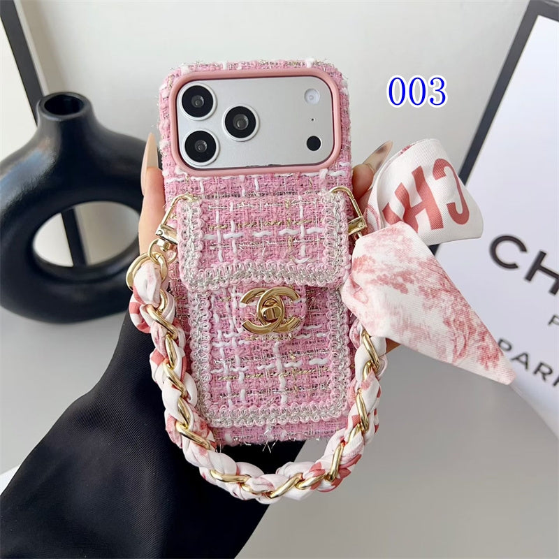 Luxury Tweed Designer iPhone Case with Scarf Chain for iPhone 13-18 Pro & Pro Max