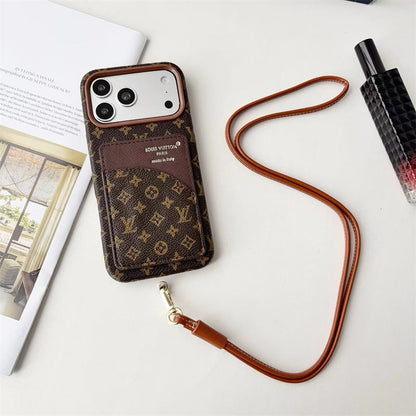 Luxury Monogram Cardholder Phone Case with Lanyard Strap For iPhone 13-18