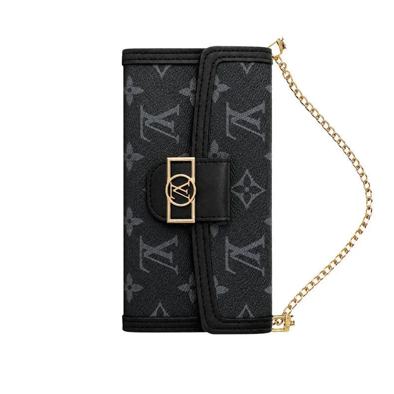 Luxury Leather Monogram iPhone Case With Flip Wallet And Crossbody Strap for iPhone 12-18 Pro & Pro Max