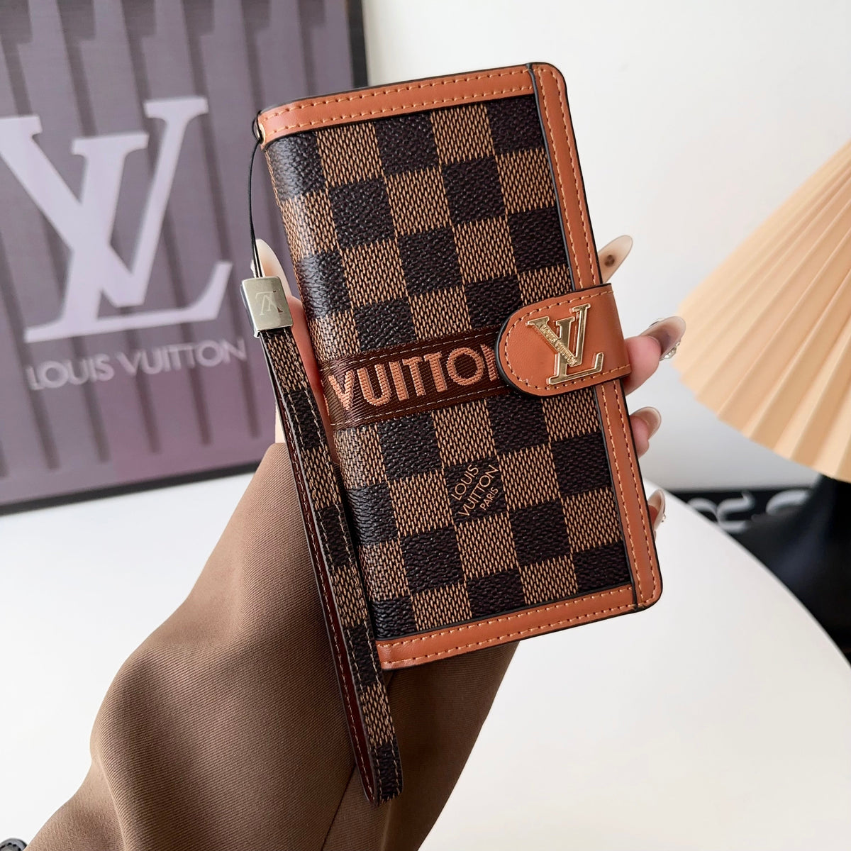 Premium Genuine Leather Monogram Canvas Wallet Card Holder for iPhone 14-18 Pro & Pro Max