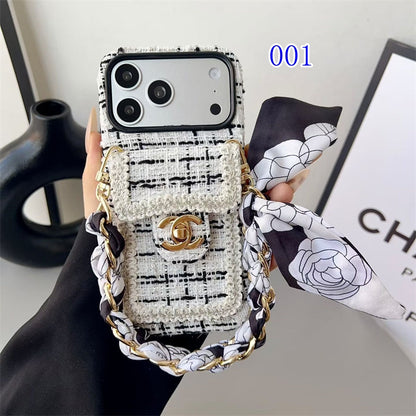 Luxury Tweed Designer iPhone Case with Scarf Chain for iPhone 13-18 Pro & Pro Max