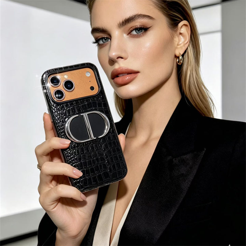 Luxury Dior Croc Case - Black Leather with Metal Bracket - iPhone 12-18 Pro & Pro Max