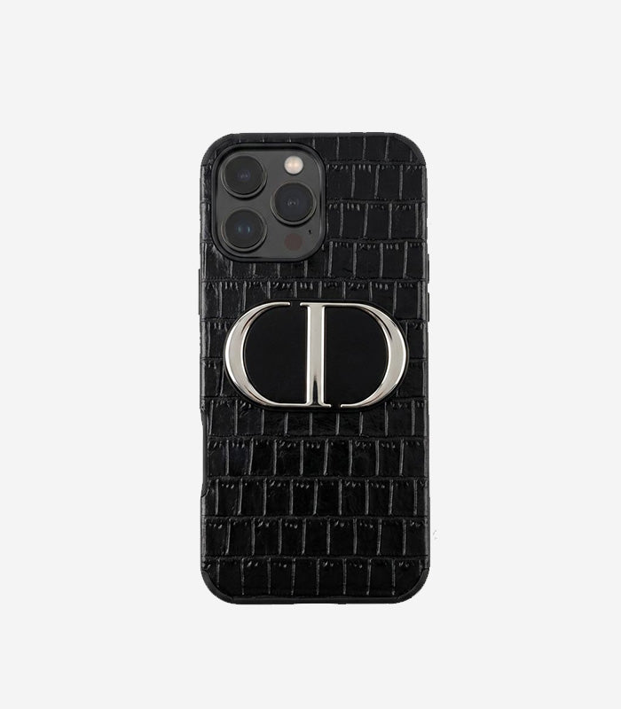 Luxury Dior Croc Case - Black Leather with Metal Bracket - iPhone 12-18 Pro & Pro Max