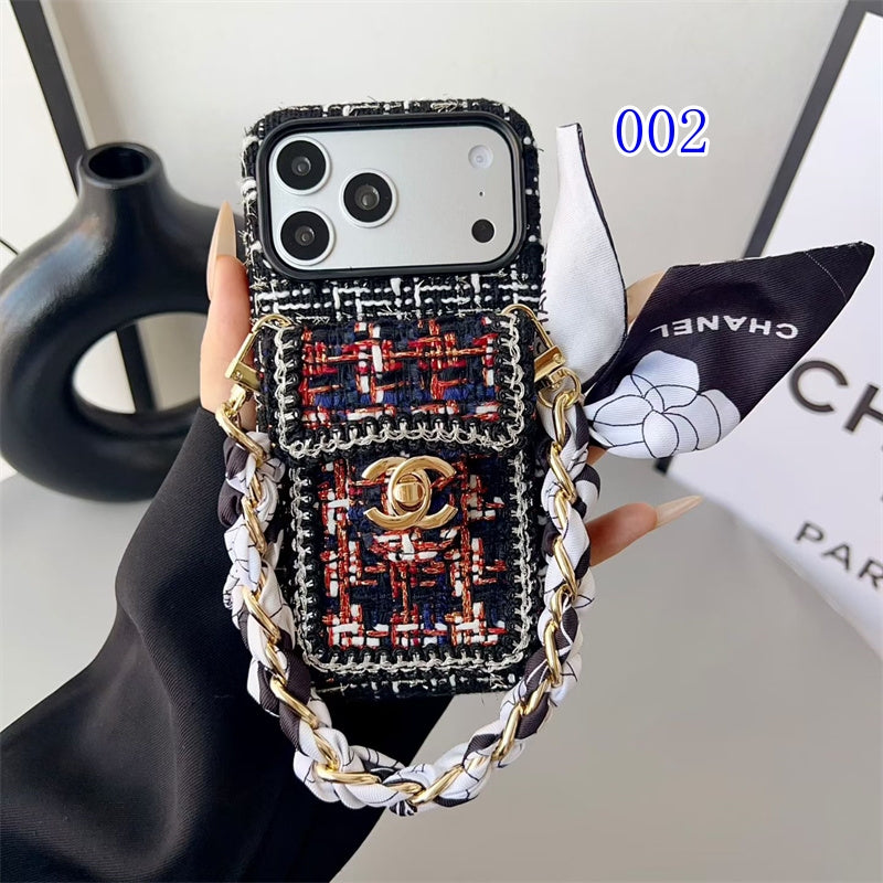Luxury Tweed Designer iPhone Case with Scarf Chain for iPhone 13-18 Pro & Pro Max