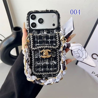 Luxury Tweed Designer iPhone Case with Scarf Chain for iPhone 13-18 Pro & Pro Max