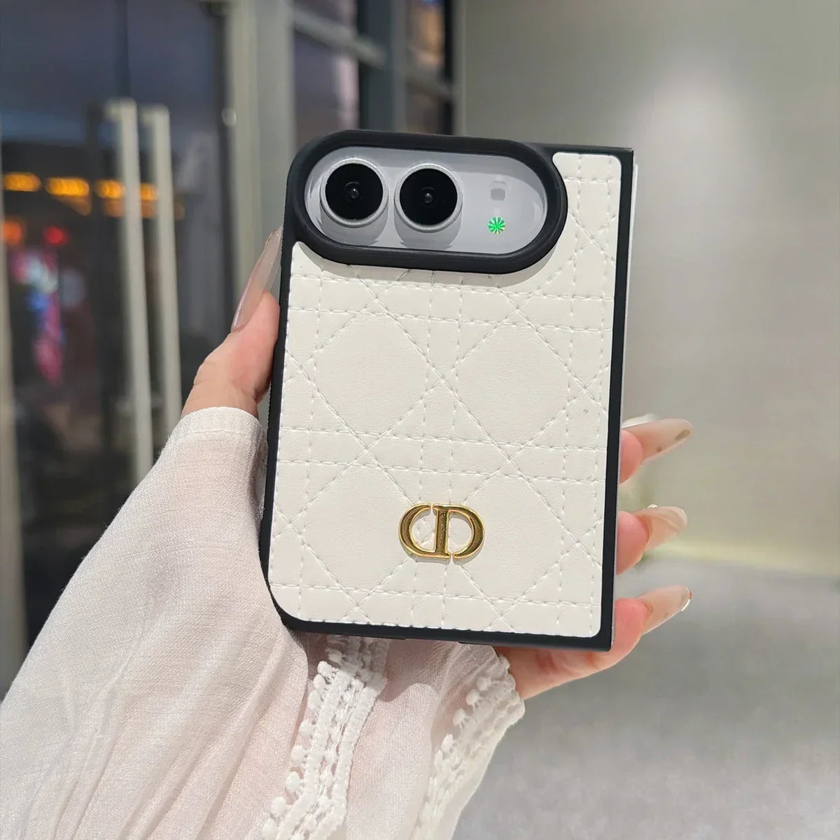 Luxury C Dior Quilted Leather Case with Gold Emblem for iPhone Duo