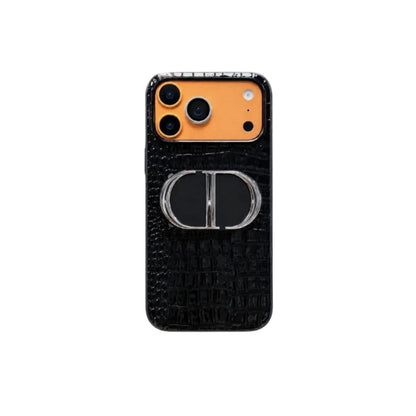 Luxury Dior Croc Case - Black Leather with Metal Bracket - iPhone 12-18 Pro & Pro Max