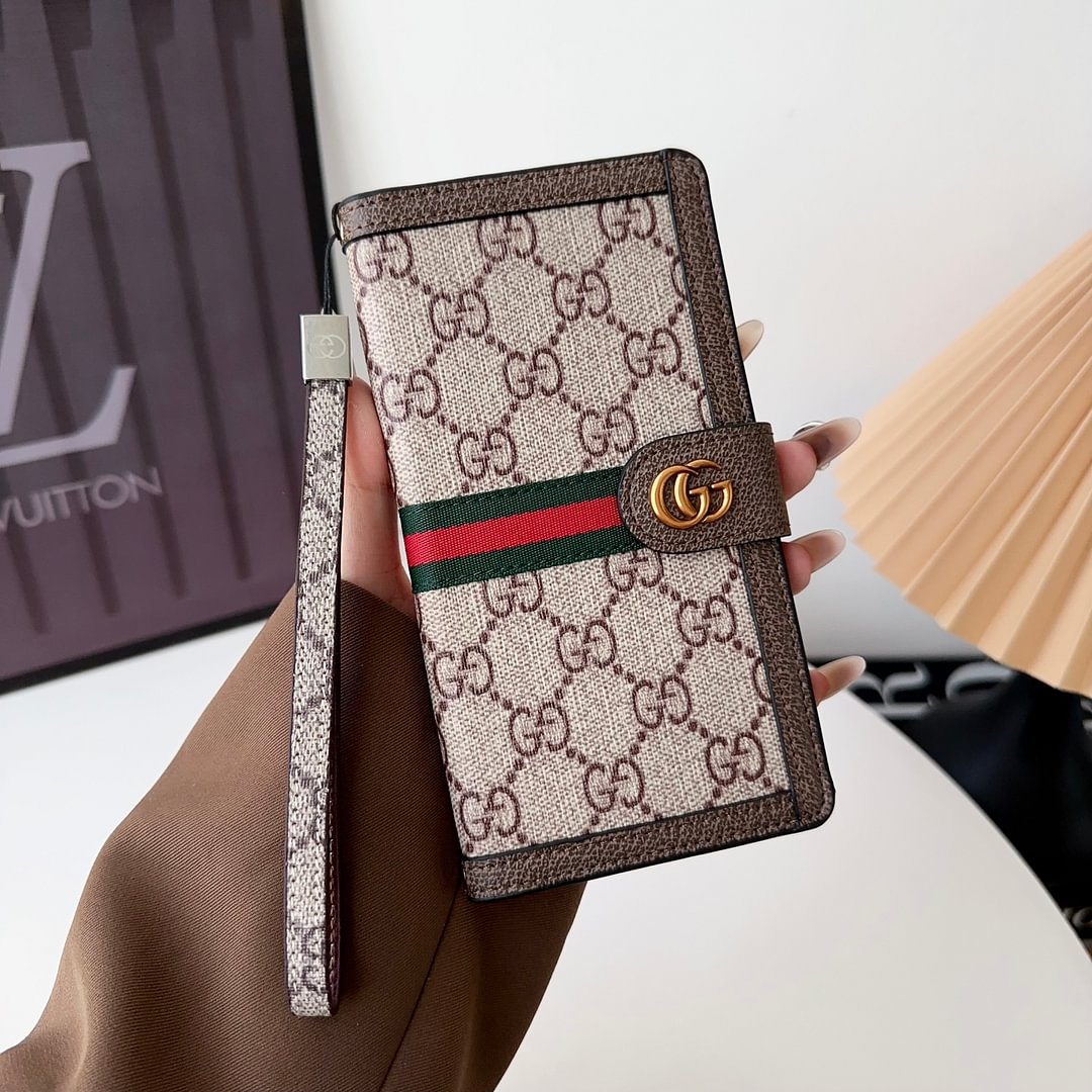 Premium Genuine Leather Monogram Canvas Wallet Card Holder for iPhone 14-18 Pro & Pro Max