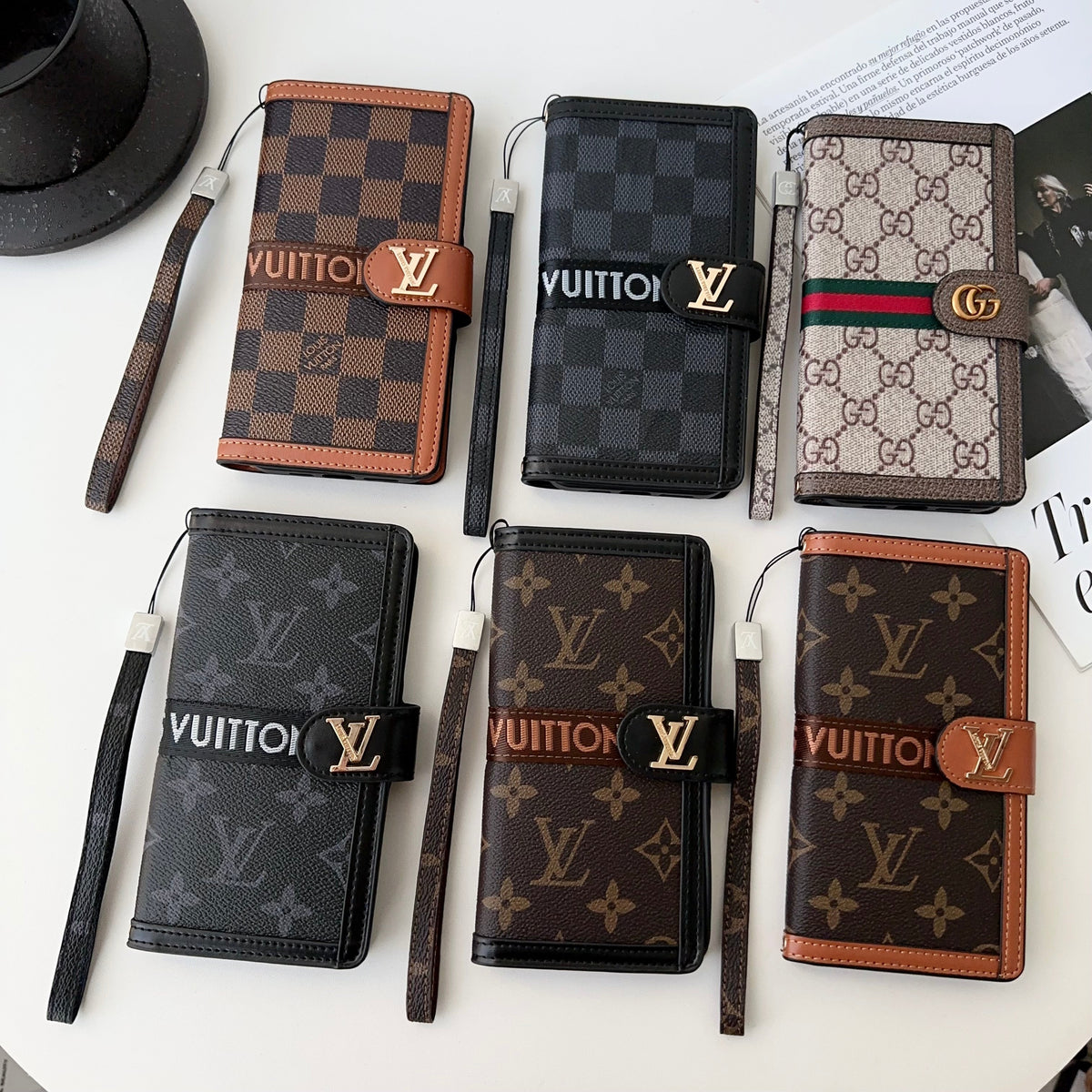 Premium Genuine Leather Monogram Canvas Wallet Card Holder for iPhone 14-18 Pro & Pro Max