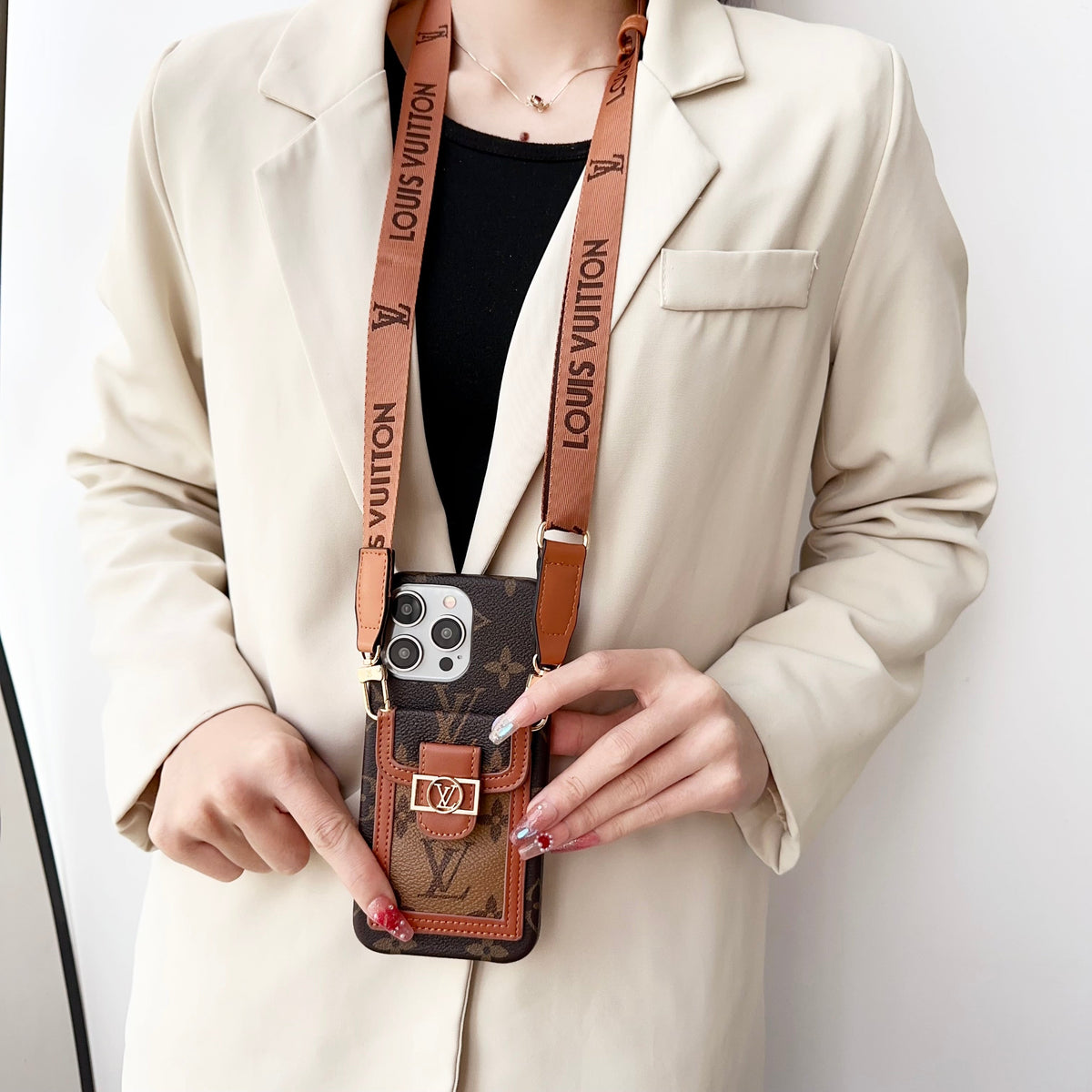 Luxury DAUPHINE LEATHER MONOGRAM CROSSBODY IPHONE CASE 12-18 Pro & Pro Max