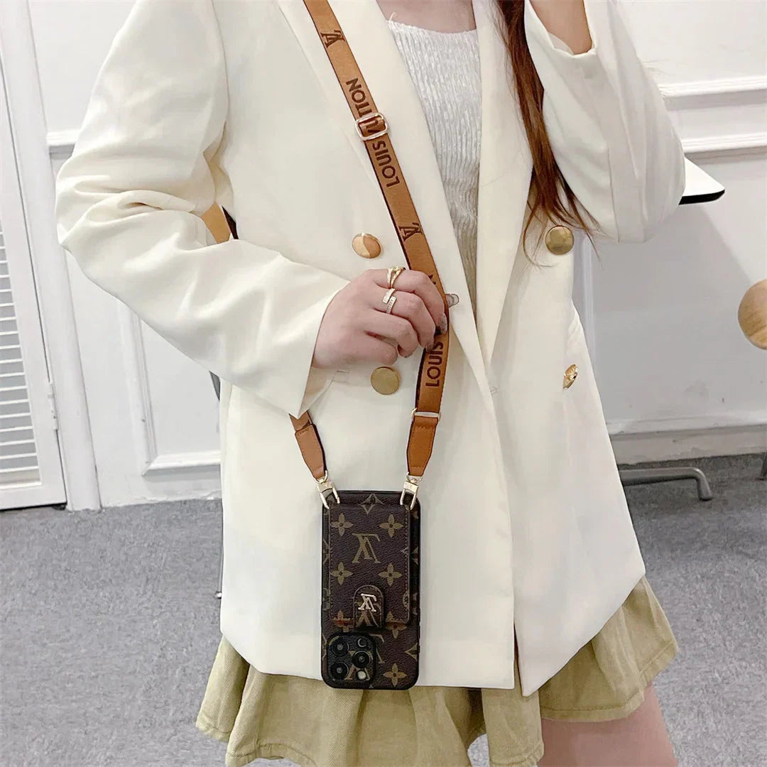 Monogram Canvas Leather Button Card Holder Crossbody iPhone Case 12-18 Pro & Pro Max