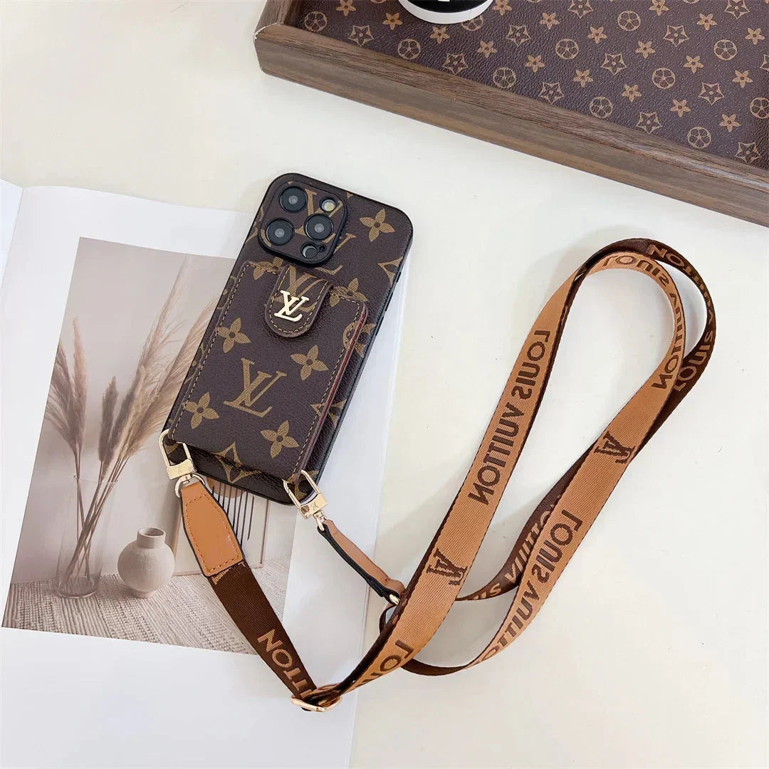 Monogram Canvas Leather Button Card Holder Crossbody iPhone Case 12-18 Pro & Pro Max