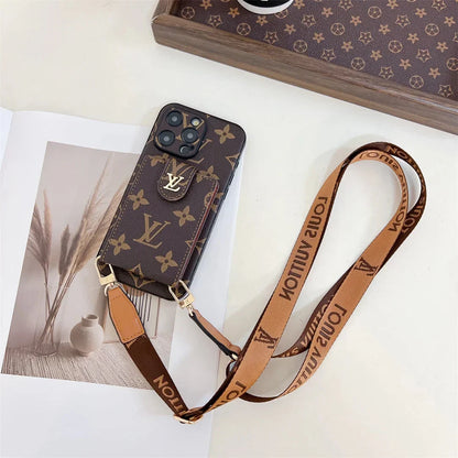 Monogram Canvas Leather Button Card Holder Crossbody iPhone Case 12-18 Pro & Pro Max